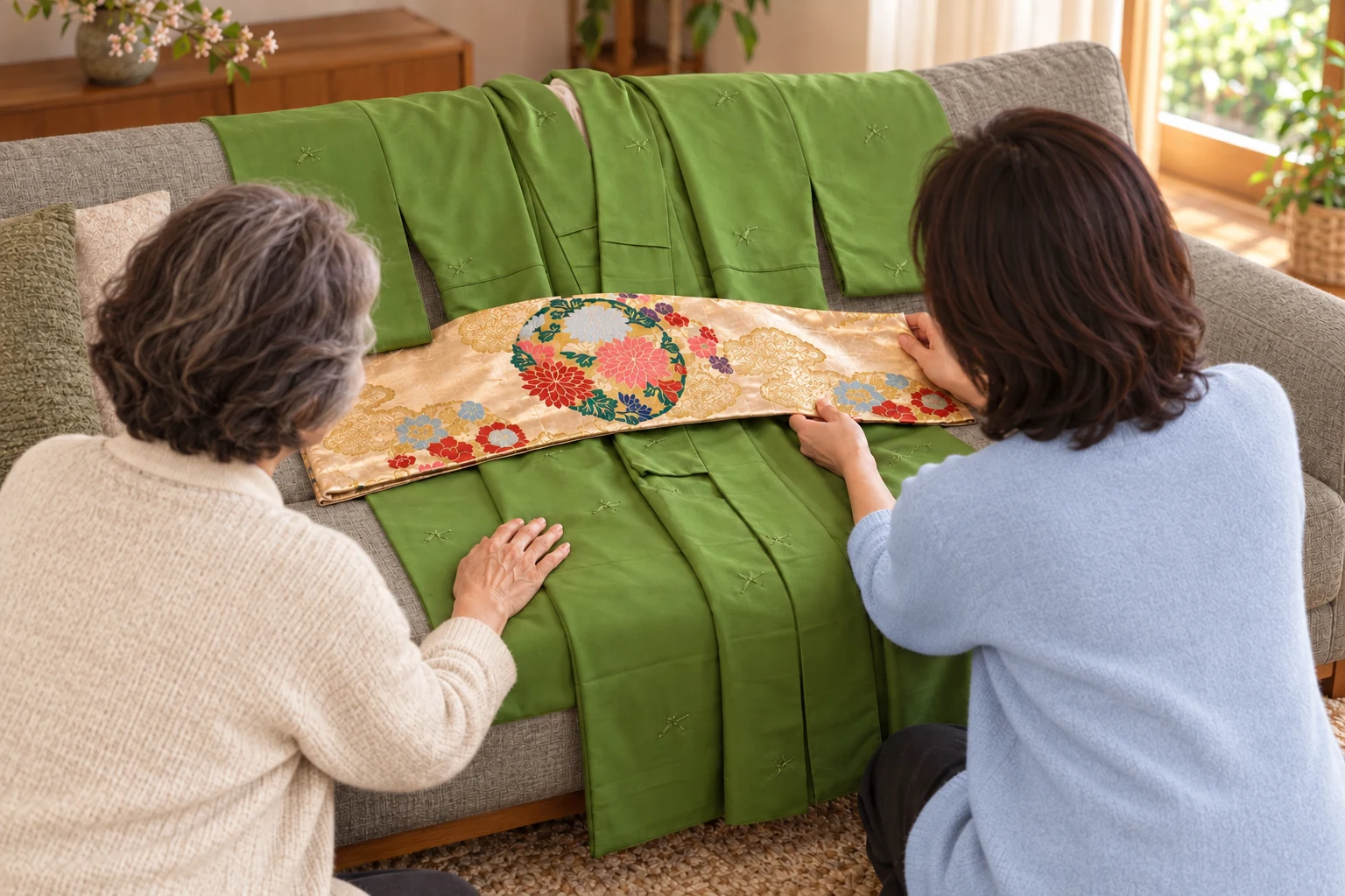思い出の着物と帯を広げる母娘